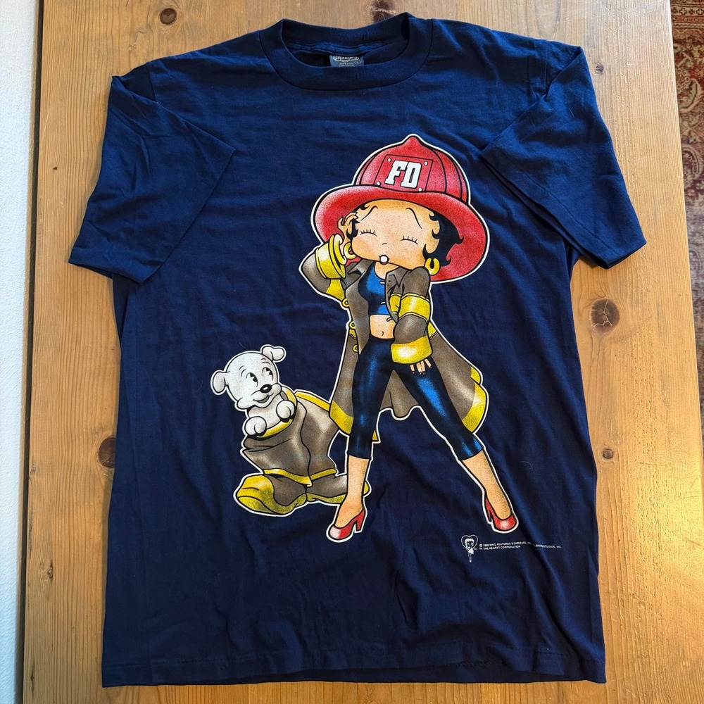 Vintage Betty Boop Firefighter Shirt Large Changes Navy Blue Single Stitch